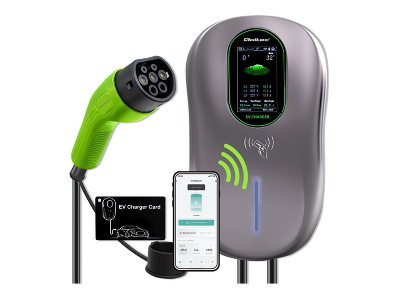Qoltec - EV-opladningsstation - 2-in-1, Wi-Fi, LCD, RFID, 3 phases, wallbox - 22 kW - 32 A (IEC 62196 Type 2) - sort, grøn