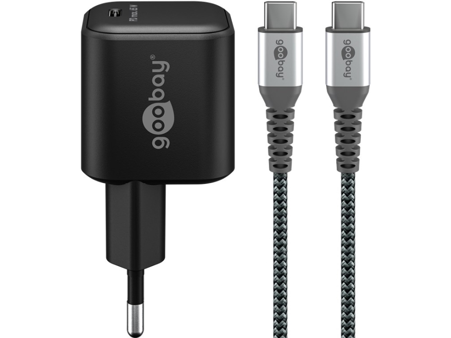 Usb-C Opladningssæt, Pd, 65 Watt, Usb-C Tekstilkabel (Sort, 1X Usb-C Pd, Gan, 1 Meter Kabel)