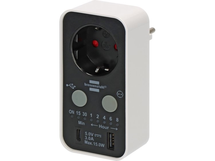 Brennenstuhl lähtölaskenta ajastin pistorasia USB A ja USB C musta/valkoinen IP20