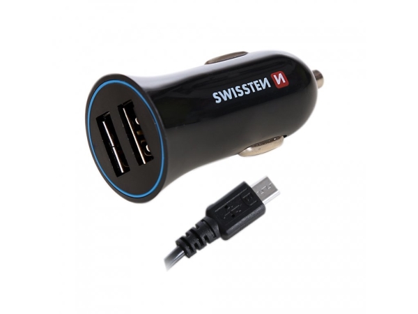 Autolaturi 2.4a 2x USB + USB-C Swissten kaapeli