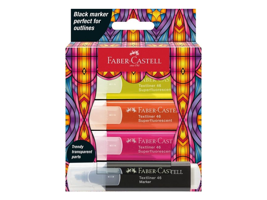 Faber-Castell Textmarker 46 Glassy Sf, 4 Pc(S), Multicolour, Bullet Tip, Multicolour, Rectangle, 1.5 Mm