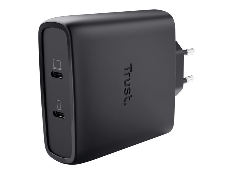 Trust Maxo - Strømforsyningsadapter - Gan - 100 Watt - 5 A - Power Delivery 3.0 + Pps - 2 Udgangsstik (24 Pin Usb-C) - På Kabel: Usb-C - Sort