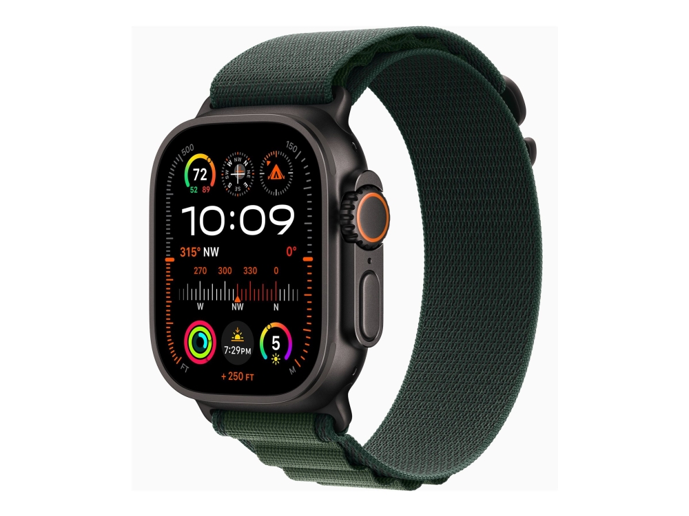 Apple Watch Ultra 2 - 49 Mm - Sort Titanium - Smart Ur Med Alpine Loop - Tekstil - Mørkegrøn - Båndstørrelse: L - 64 Gb - Lte, Wi-Fi 4, Uwb, Bluetoot