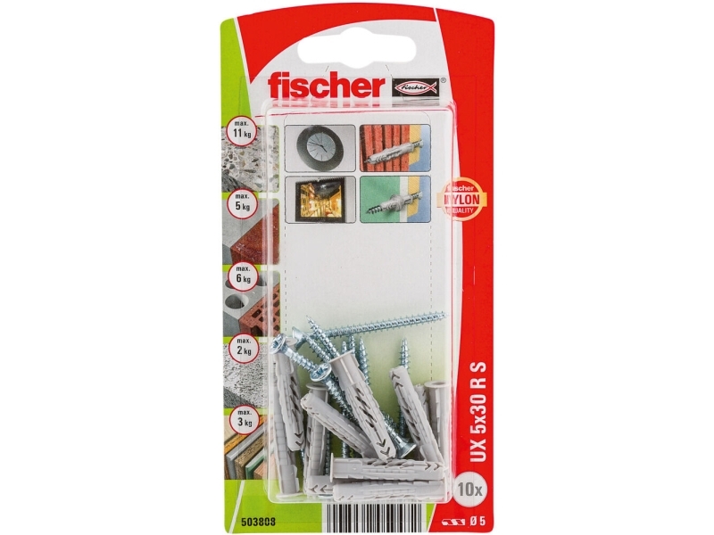 Fischer 503808, Skrue- og veggpluggsett, Murstein, Betong, 30 mm, 5 mm, 4,5 cm, 3,5 mm