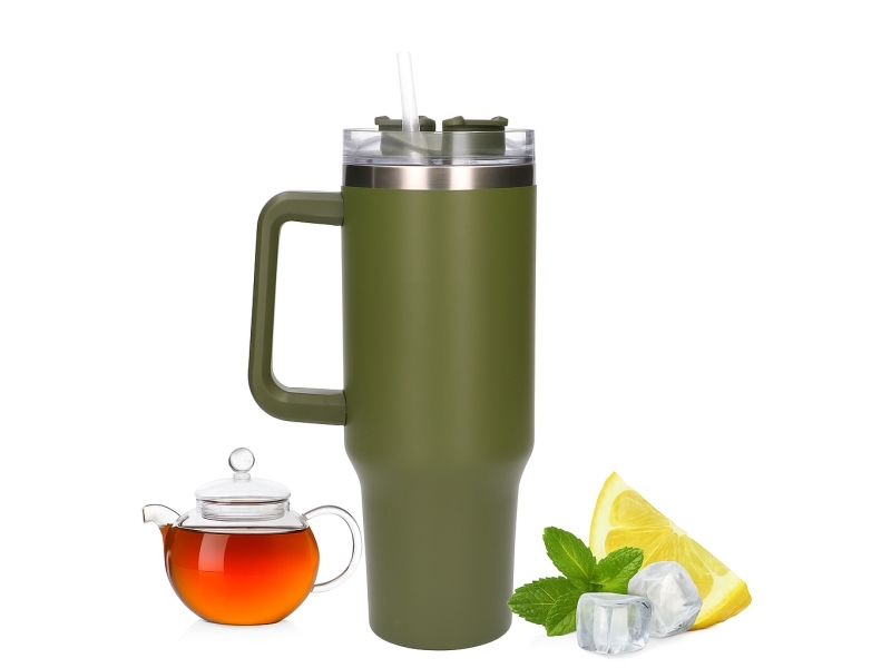 Schwarzwald | Thermobecher Mit Strohhalm | Thermoskanne Mit Henkel 1200Ml Grün