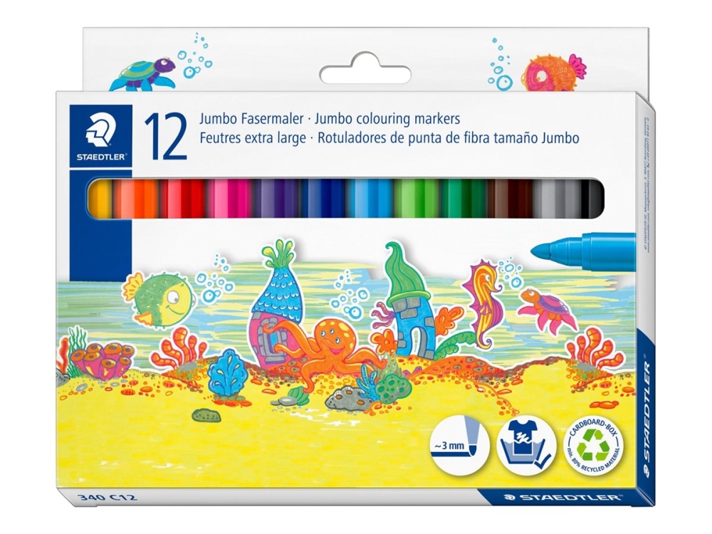 STAEDTLER Fiberpen Noris® Jumbo 3,0 mm - med 12 stk. ass. farver | Skrivredskap - Fiberpennor & Fineliner - Fiberpennor | GameStuff