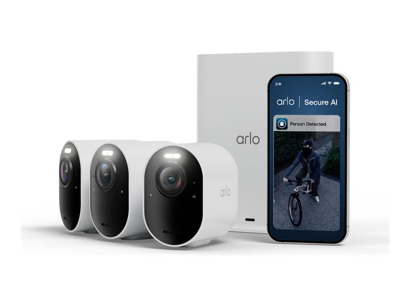 Arlo Ultra 3 - 2025 Edition - nätverksövervakningskamera - utomhusbruk, inomhusbruk - UV / weather resistant - färg (Dag&Natt) - 8 MP - 3840 x 2160 - ljud - trådlös - Wi-Fi - Bluetooth 4.2 LE - med VMB5000 SmartHub (paket om 3) | Foto och video - Videoövervakning - Övervakningsutrustning | GameStuff