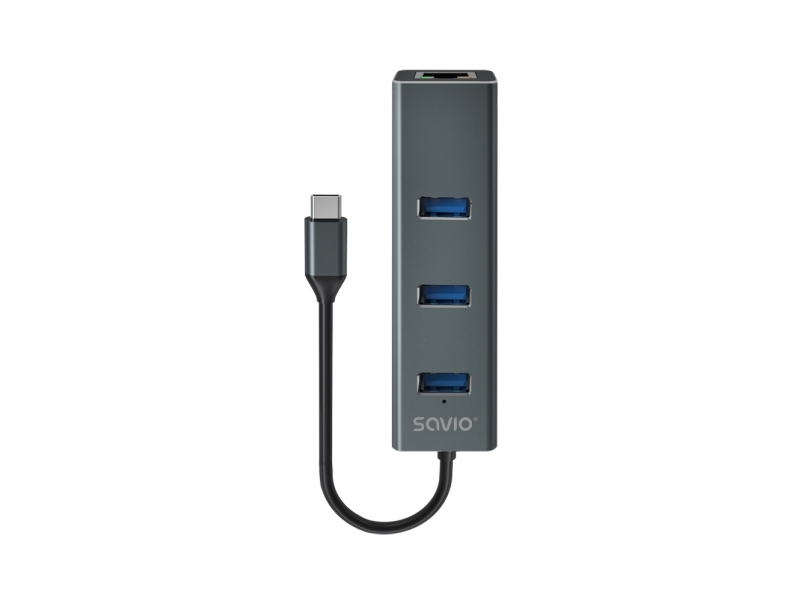 Savio Ak-57 3-Port Usb-C 3.1 Gen 1 Hub Mit Rj-45 Gigabit Ethernet Adapter