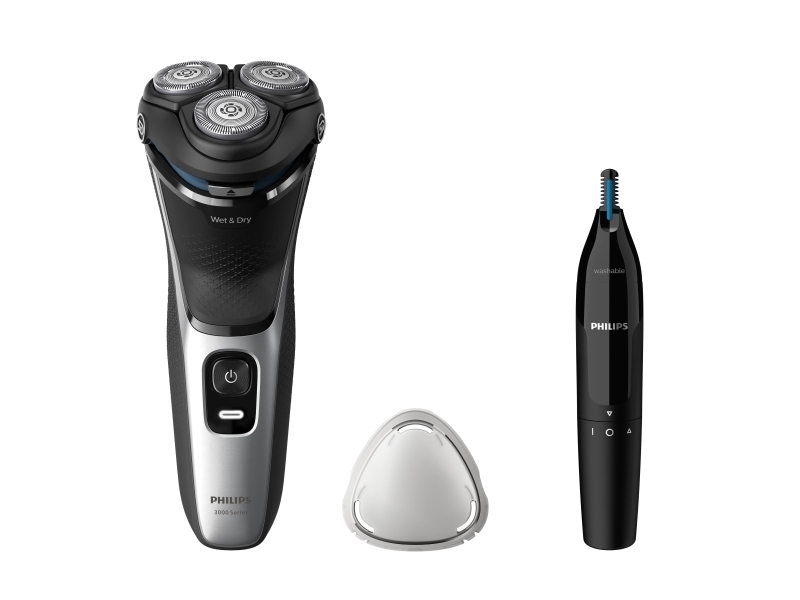 Philips Shaver 3000 Series S3143/02 Elektrischer Nass- Und Trockenrasierer, Rotationstrasierer, Schwarz, Silber, Powercut Blade System, Replace Every