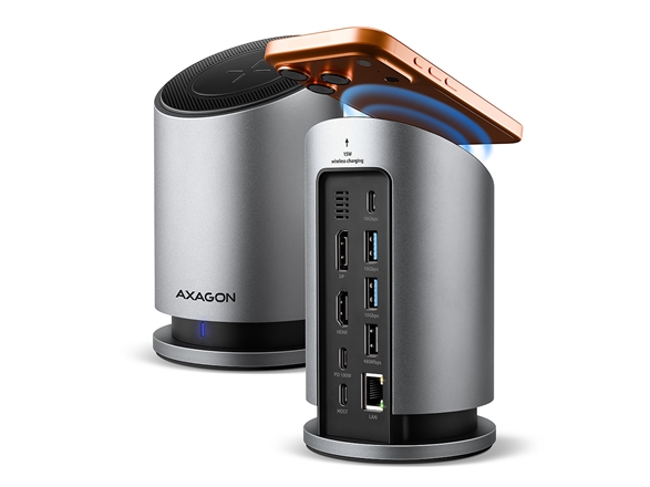 Axagon Hmc-Wl9, Usb 10Gbps Šakotuvas Su Qi, 3X Usb-A, Usb-C, Hdmi Ir Dp 4K/60Hz, Rj-45 Glan, Pd 100W, Usb-C Kabelis 60Cm