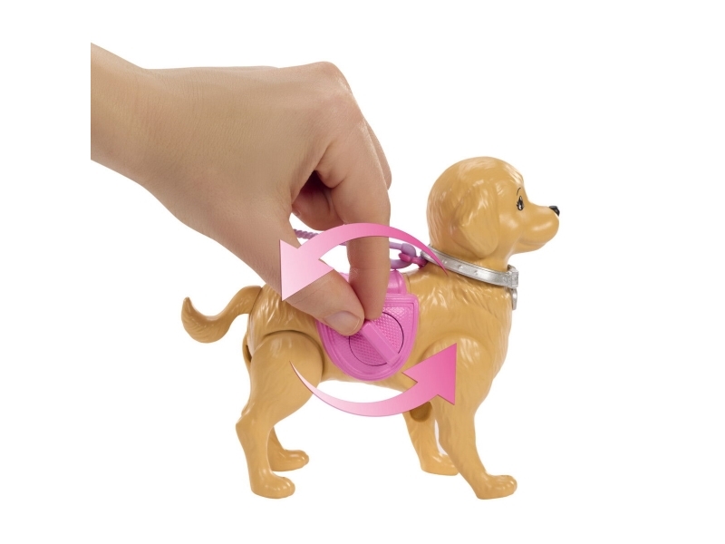 Barbie-dukke med gående hvalp og tilbehør