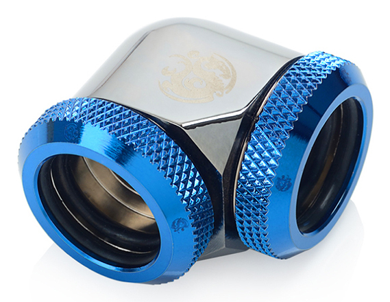 Bitspower adapteri 90 asteen 16mm AD kovaputki 16mm AD kovaputkeen - musta kiiltävä/sininen