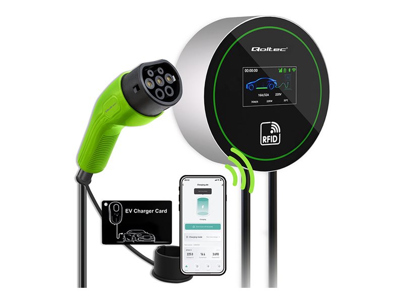 Qoltec - EV-opladningsstation - 2-in-1, Wi-Fi, LCD, RFID, 3 phases, wallbox - 22 kW - 32 A (IEC 62196 Type 2) - sort, grøn