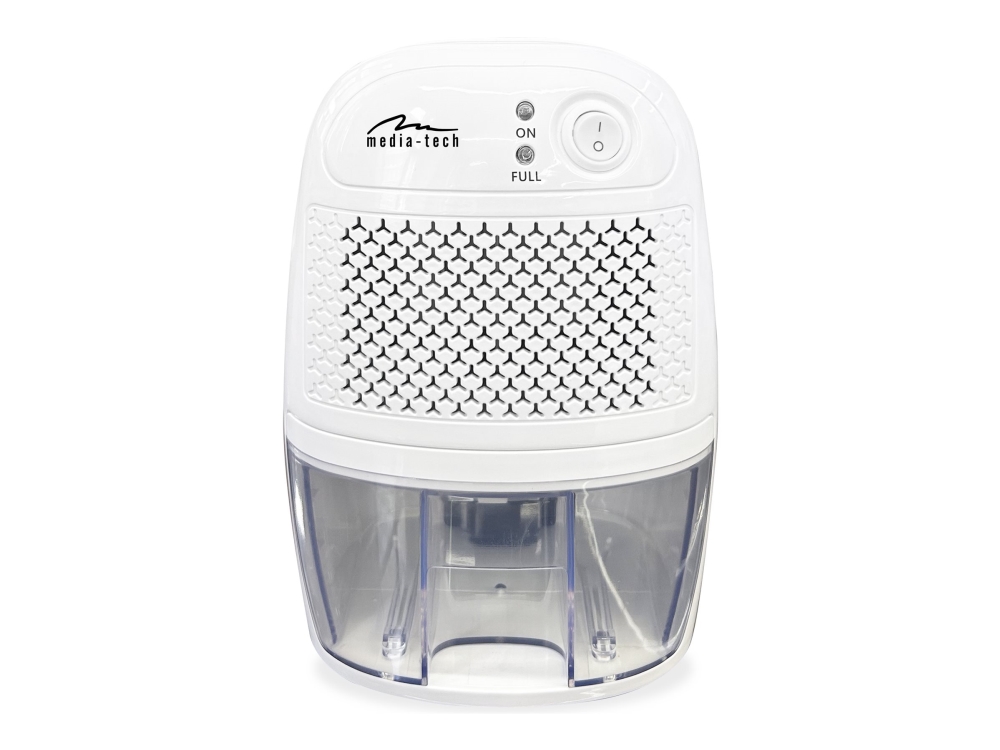 Media-Tech AIR-DRY - Ilmankuivain, elektroninen ja kondensoiva, hyötysuhde jopa 300ml/vrk (30C, RH80%), kapasiteetti 800ml, hiljainen ~35dB, teho 23W, virta DC 9V/AC 110-240V.