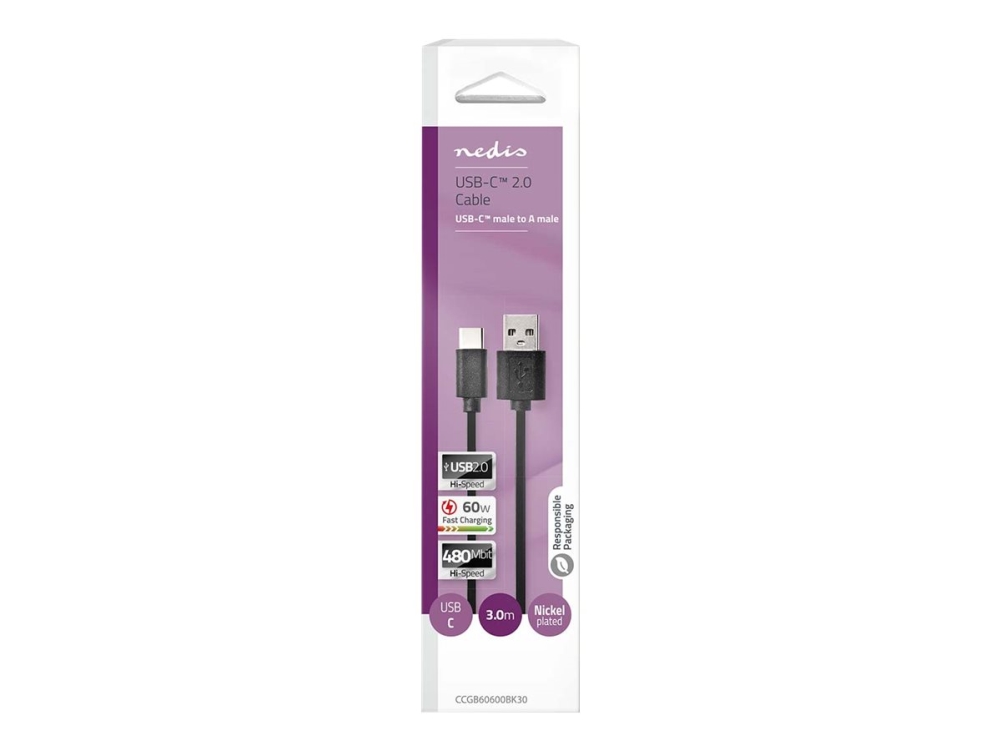 Nedis - Usb-Kabel - Usb Type A (Han) Til 24 Pin Usb-C (Han) - Usb 2.0 - 3 M - Rund - Sort