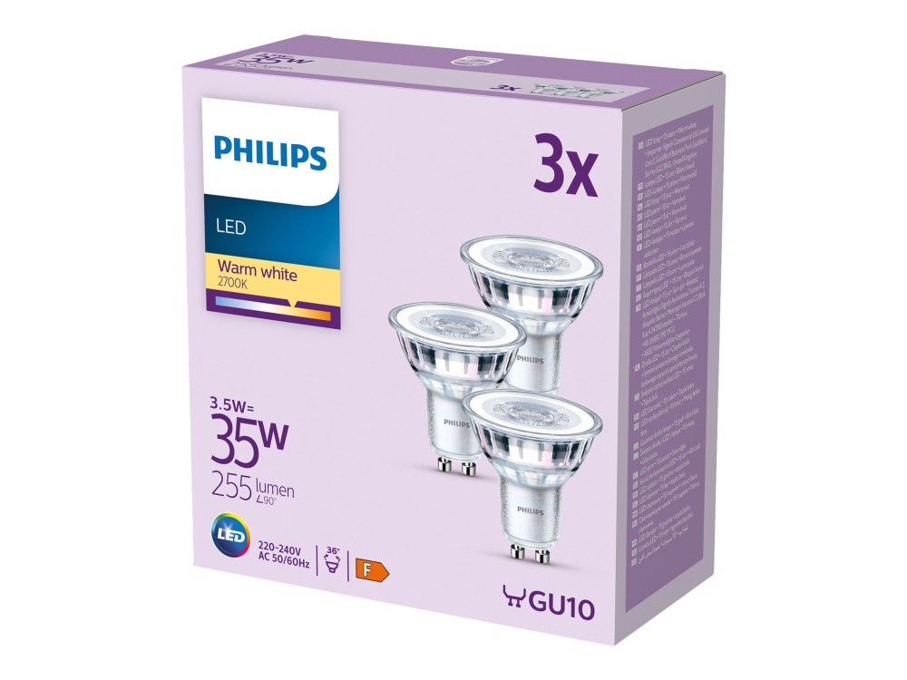 Philips Spot 35W Par16 Gu10 X3, 3,5 W, 35 W, Gu10, 255 Lm, 15000 H, Warmweiß