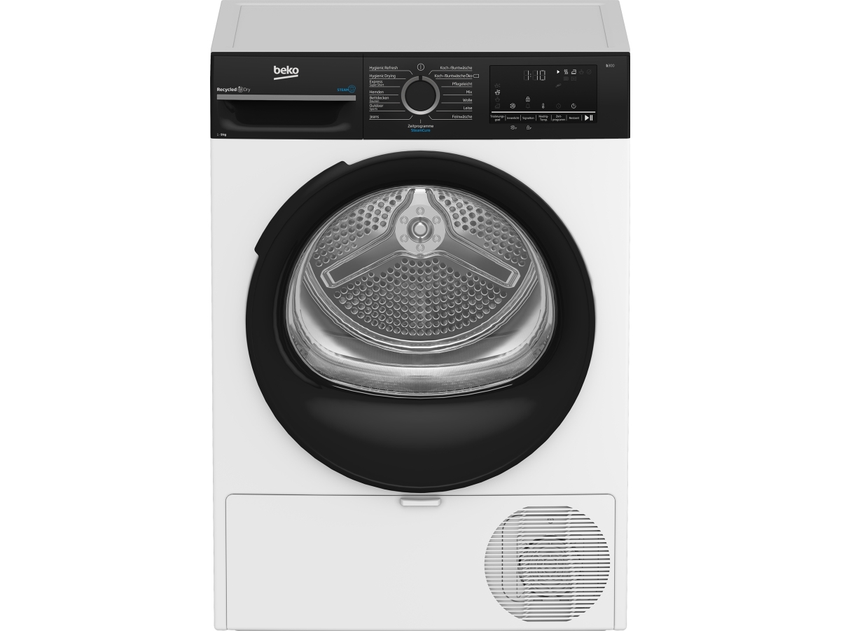 Beko BM3T49249W, Vapaasti seisova, Edestä täytettävä, Lämpöpumppu, musta, Valkoinen, Painikkeet, Rotaatio, musta, Läpinäkyvä
