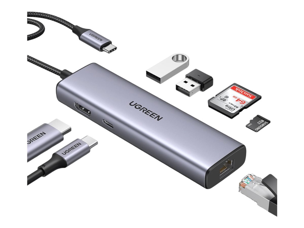 Ugreen Adapter Hub, Usb-C Til 2X Usb 3.0, Hdmi, Rj45, Sd/Tf