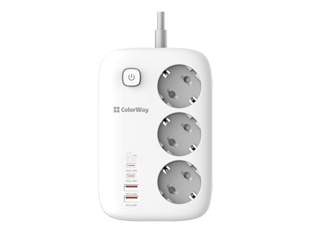 Colorway - Stikdåse - Gan3 Pro, Pd 65W - Ac 100-250 V - 3250 Watt - Input: Power Cee 7/7 - Output-Stikforbindelser: 3 (3 X Strøm Cee 7/3, 2 X Usb, 2