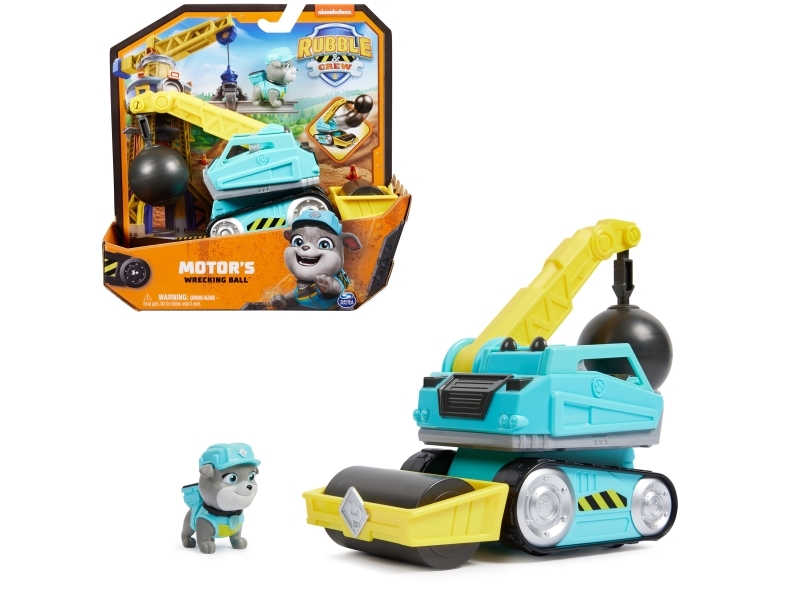 Rubble & Crew Rubble Und Crew - Abrissbirnen-Baufahrzeug (Basis Fahrzeug) Mit Motor-Figur, Bewegliche Abrisskugel Und Asphaltfertiger, Authentisches