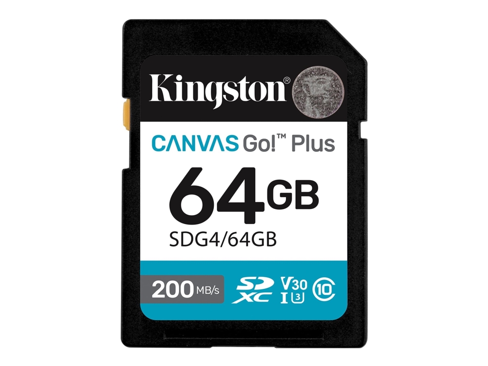 Kingston Technology Canvas Go! Plus 64 Gt SDXC Canvas Go Plus Gen4 200 Mt/s C10 UHS-I U3 V30, 64 GB, SDXC, Luokka 10, UHS-I, 200 MB/s, 100 MB/s