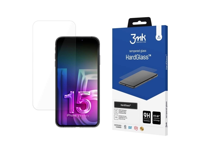 3Mk Hardglass, Apple, Apple Iphone 15, Tør Påføring, Slagbestandig, Ridseresistent, Transparent, 1 Stk