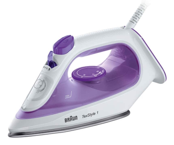 Braun Texstyle 1 Si 1080, Tør & Dampstrygejern, Keramisk Strygesål, 1,9 M, 130 G/Min, Sort, Lilla, 0,22 L