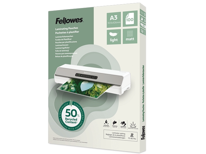 Fellowes Laminierfolien Mit 50% Recyceltem Anteil Matt Für A3 75-80 Micron, 100 St. (100143436)
