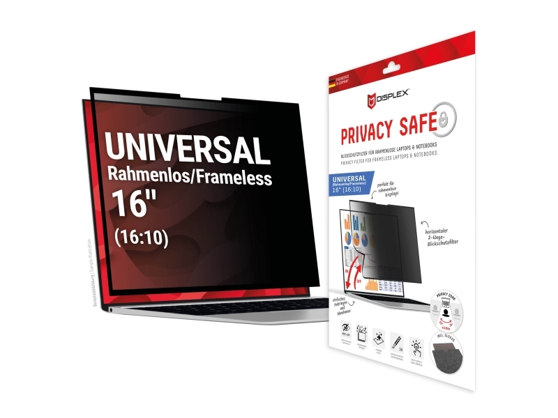 Displex 01994, 40,6 Cm (16"), 16:10, Laptop, Rammeløst Display Privatlivsfilter, 3H, Blank