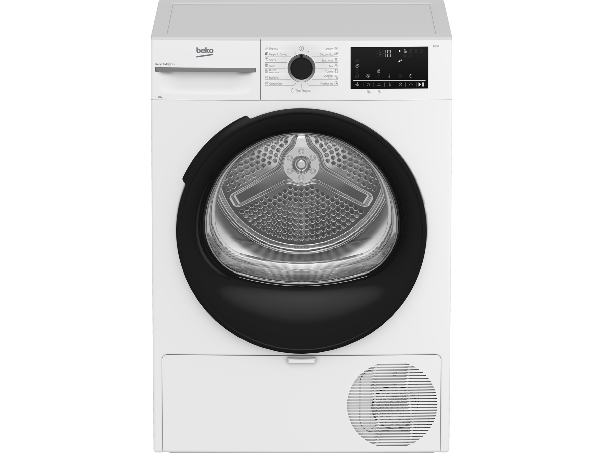 Beko BM3T40230W, Freestanding, Front-load, Heat pump, White, Rotary, Touch, Rear