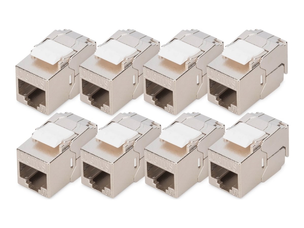 Digitus Cat 6A Compact Keystone Module, Shielded, Tool-Free Mounting Connection. 8 Pcs., Flat, Silver, Rj-45, Female, 10Gbase-T, Nickel/Gold