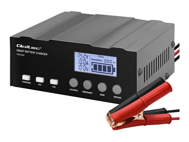 Qoltec - Batterioplader - for AGM, GEL, LiFePO4, with repair function, 12-24V, LCD, 4 stage charging - AC 220-240 V - output-stikforbindelser: 2 - sort