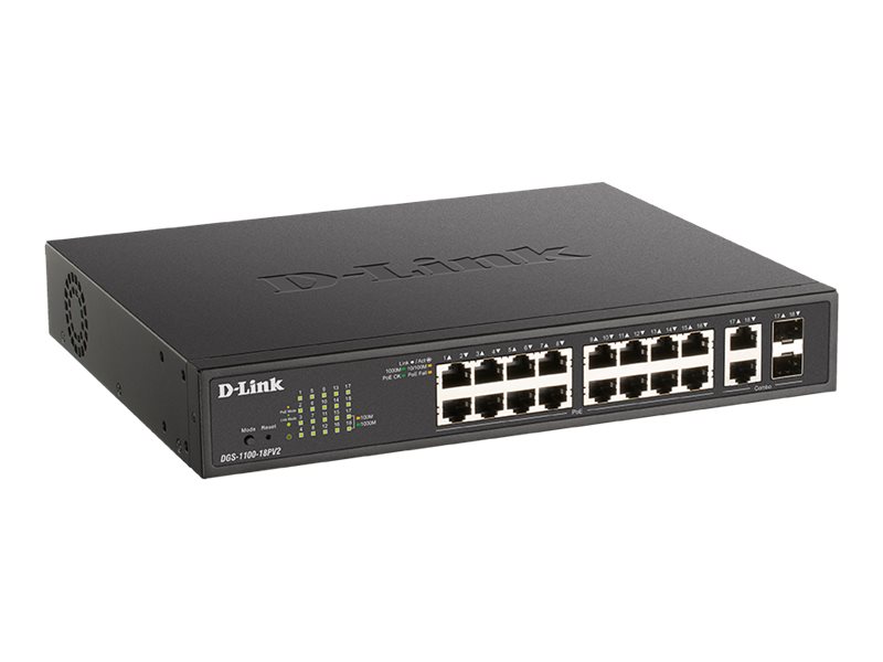 D-Link Dgs 1100-18Pv2 - Switch - Smart - 16 X 10/100/1000 (Poe+) + 2 X Combo Gigabit Sfp - Monterbar På Stativ - Poe+ (130 W)
