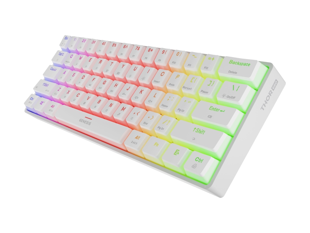 Genesis Thor 660 G2 - Tastatur - 60% - Compact - Bagbelyst - Trådløs - Bluetooth 5.0, Usb, 2.4 Ghz - Qwerty - Usa - Tastkontakt: Gateron Red - Hvid