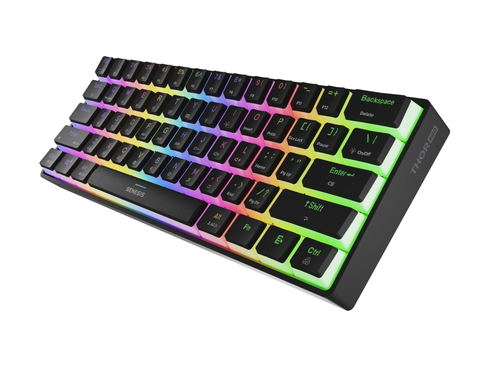 Genesis Thor 660 G2 - Tastatur - 60% - Compact - Bagbelyst - Trådløs - Bluetooth 5.0, Usb, 2.4 Ghz - Qwerty - Usa - Tastkontakt: Gateron Red - Sort