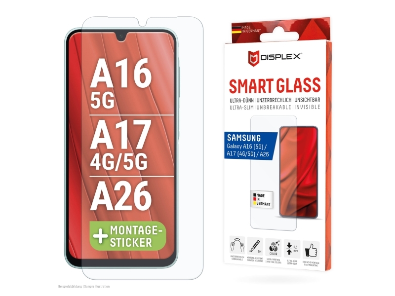Displex 02072, Samsung, Galaxy A26/A16 (5G)/A17 (4G/5G), Tør Påføring, Break Resistant, Smudsafvisende, Ridseresistent, Transparent, 1 Stk