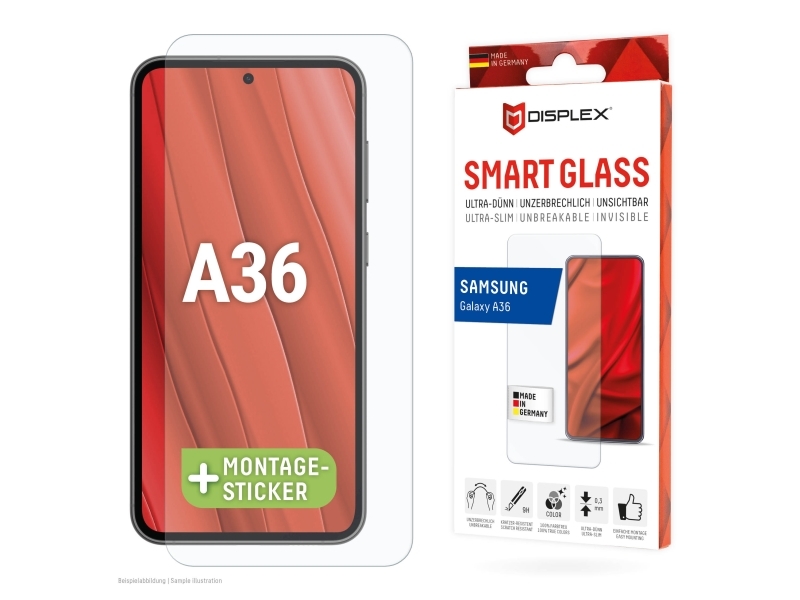 Displex Smart Glass (9H) Für Samsung Galaxy A36, Montagesticker, Unzerbrechlich, Samsung, Galaxy A36, Trockene Anwendung, Bruchfest, Schmutzabweisend