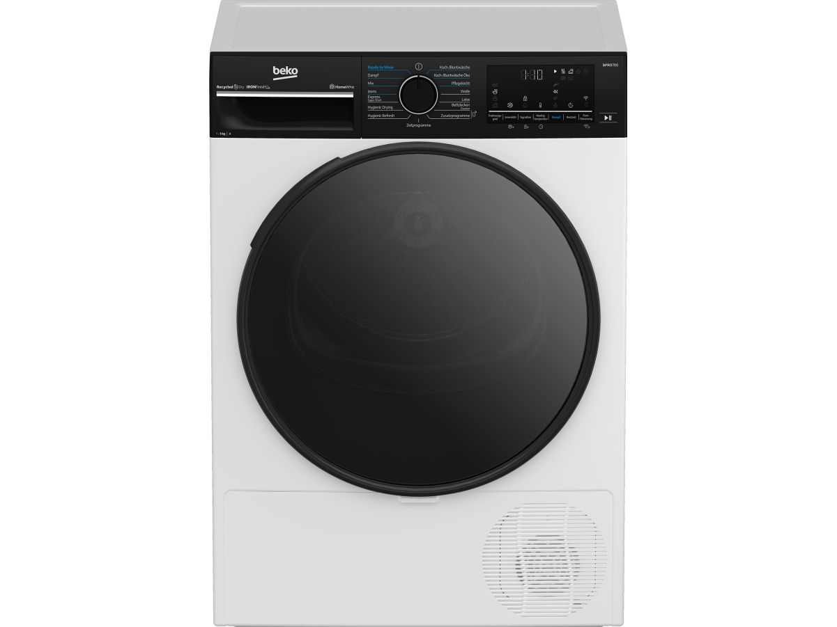 Beko B7T692A3WW, Vapaasti seisova, Edestä täytettävä, Lämpöpumppu, Valkoinen, Painikkeet, Rotaatio, Vasen