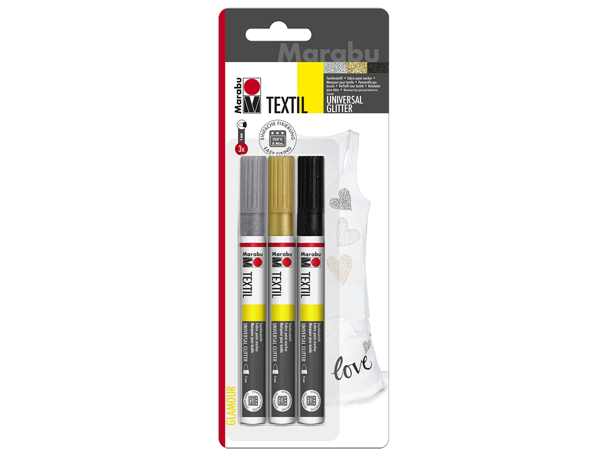 Marabu 0119000000080, Musta, Kulta, Hopea, Valikoidut värit, 3 väriä, 3 mm, Kangas, 3 kpl