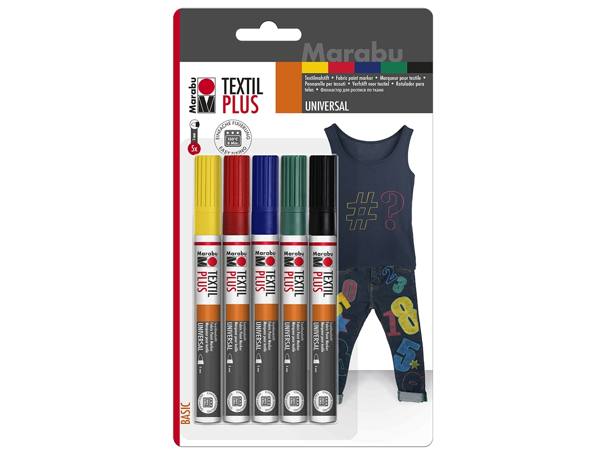 Marabu 0118000000080, Svart, Blå, Grön, Röd, Gul, Blandade färger, 5 färger, 3 mm, Tyg, 5 styck | Skrivredskap - Fiberpennor & Fineliner - Fiberpennor | GameStuff