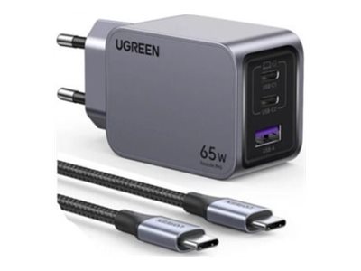 Ugreen Nexode Pro series X755 - Strømforsyningsadapter - GaN - 65 Watt - PD - 3 output-stikforbindelser (2 x USB-C, USB) - på kabel: USB-C - grå