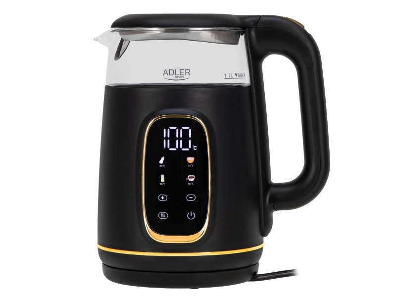 Adler D 1305 Bg, 1,7 L, 2200 W, Schwarz, Transparent, Gold, Glas, Kunststoff, Regelbare Temperatur, Wasserstandsanzeige