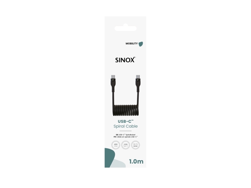 Sinox Usb C-Spiralkabel. 1M. Sort