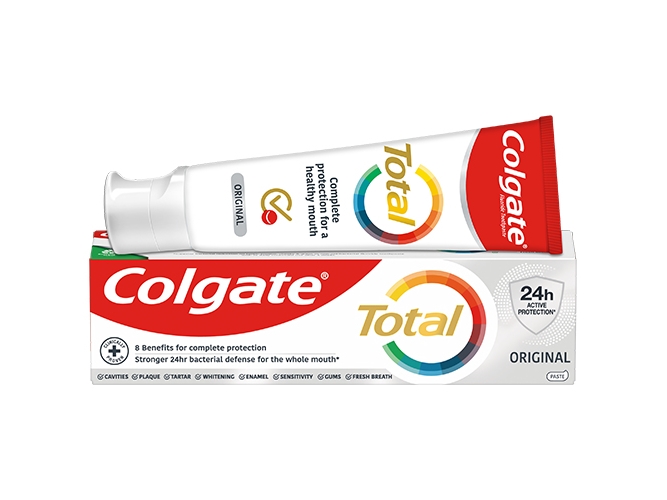 Colgate Total Original, 75 ml, Voksne/børn, Sodium Fluoride Glycerin Aqua Hydrated Silica Calcium Pyrophosphate Sodium Methyl Cocoyl Taurate..., Brush thoroughly at least twice a day Brush thoroughly at least twice a day or as directed by a...