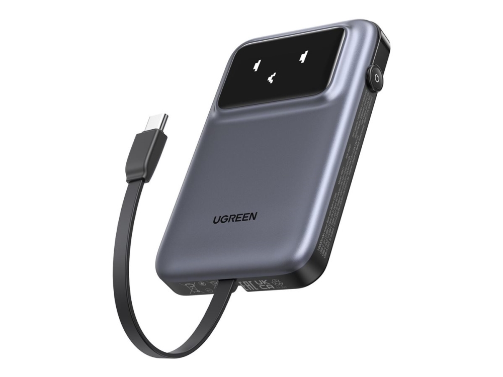 Ugreen Uno - Powerbank - Indbygget Usb-C Kabel - 10000 Mah - 30 Watt - 3 A - Fast Charge, Pd (Usb-C)