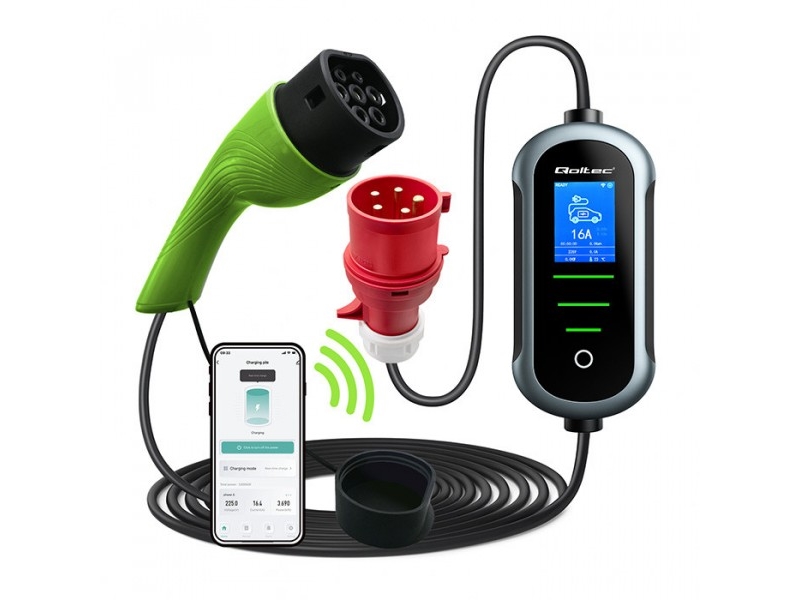 „Qoltec 2in1 Type2“ | 11 kW | 400 V | „Wi-Fi“ | „TUYA“ | „SMART LIFE“ | LCD | Nešiojamas | Sieninis įkroviklis | 5 m
