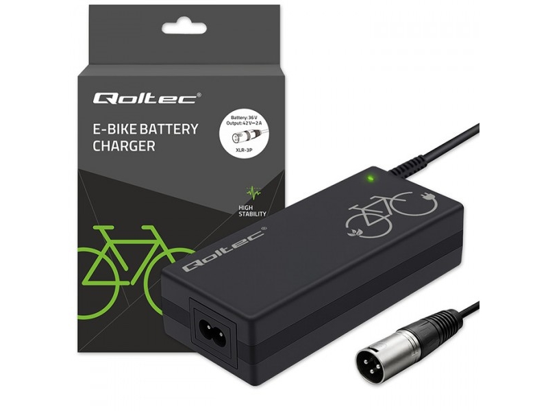 Qoltec Įkroviklis elektriniam dviračiui 36V | 42V | 2A | 3P XLR-18mm + maitinimo laidas