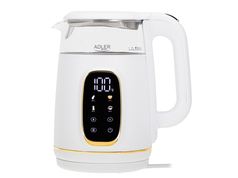 Adler AD 1305WG, 1,7 l, 2200 W, Transparent, Guld, Vit, Glas, Plast, Justerbar termostat, Vattennivå indikator | Köksapparater - Juice, is och vatten - Vattenkokare | GameStuff
