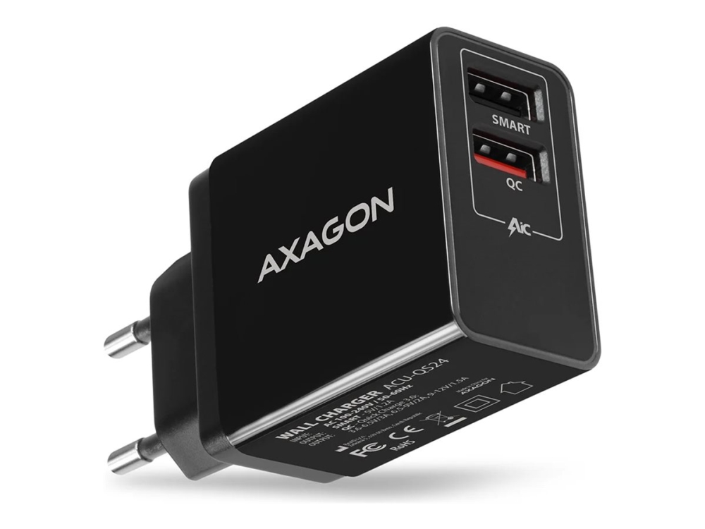 AXAGON ACU-QS24 - Strömadapter - 24 Watt - 3 A - QC 2.0, QC 3.0, AFC, Huawei Fast Charge - 2 utdatakontakter (USB typ A) - svart | Tele & GPS - Batteri & Laddare - Laddare | GameStuff