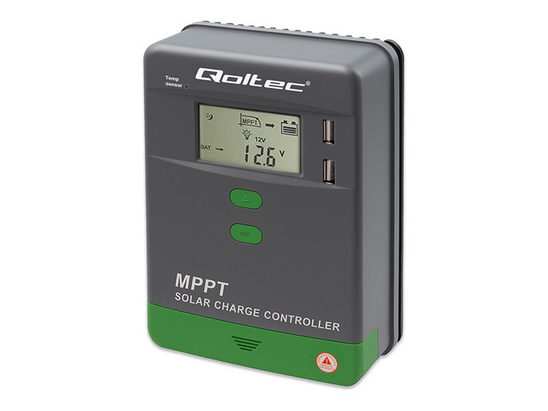 Qoltec - Solladningscontroller - MPPT, 30A, 12/24V, LCD, APP, GEL, LiFePO4 - trådløs, kablet - Bluetooth - USB - grå, grøn